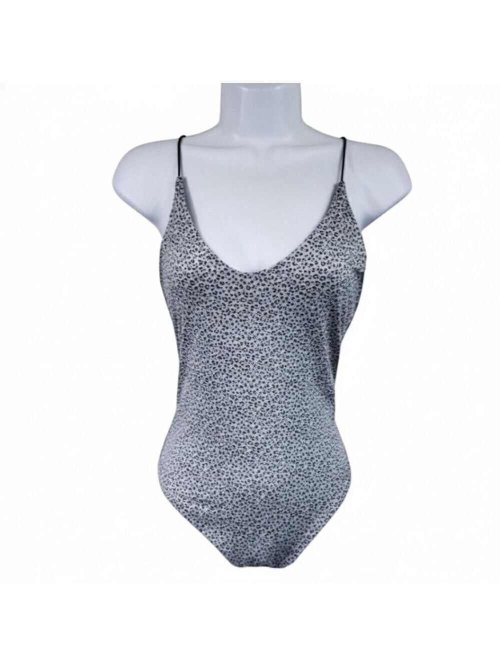 Gaze Gray Black Leopard Print Bodysuit Spaghetti Strap Stretch Fitted Small - Picture 3 of 15